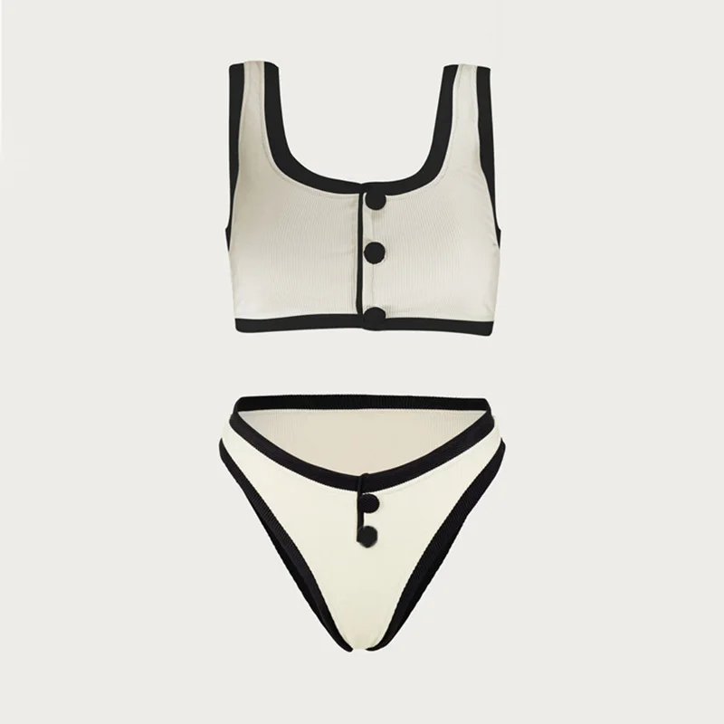 High Waist Bikini Simple Style Split Swimsuit for Women New Style Swimwear with Small Fragrant Button Decoration Summer Beach We
