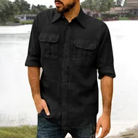 Chemise en coton et lin pour hommes, manches longues, couleur unie, hauts décontractés, revers, Double poche, chemise classique, vêtements tendance pour hommes 2