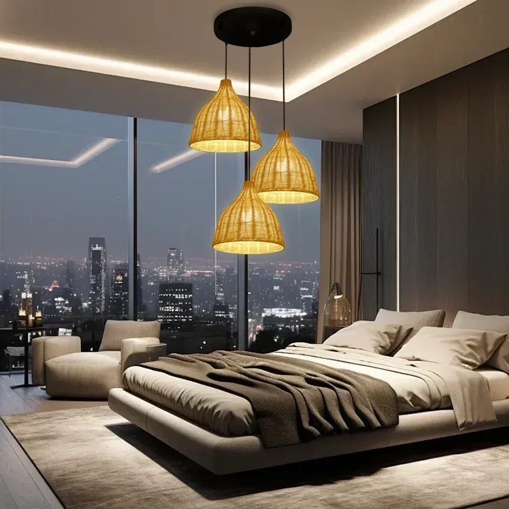 Modern Natural Materials Rattan Lamp Basket Light Fixture Home Decor Chandelier Pendant Lights for Farmhouse