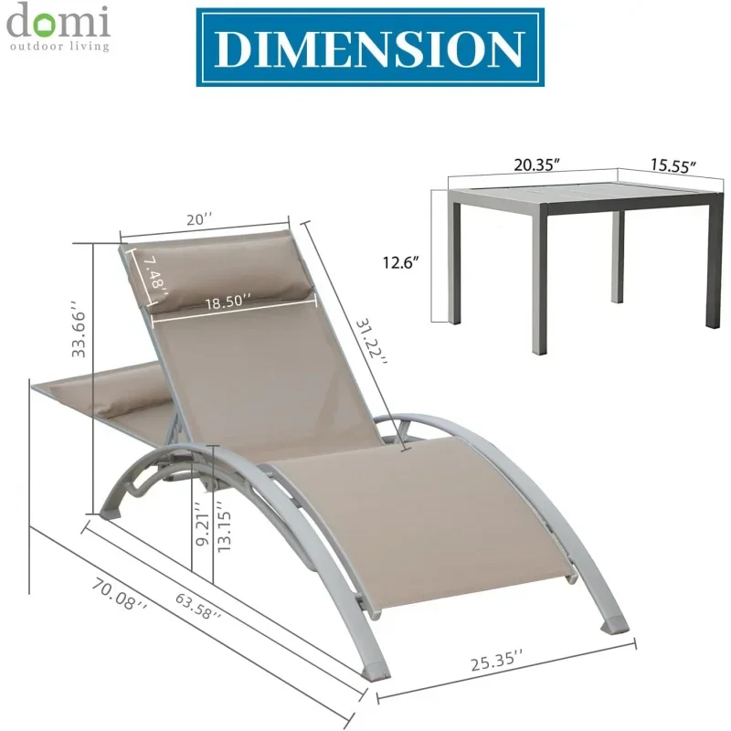 Lounge Chair Set of 3, Aluminum Lounge Chairs for Outside with 5 Adjustable Positions,2 Pool Chairs and 1 Side Table(Khaki)