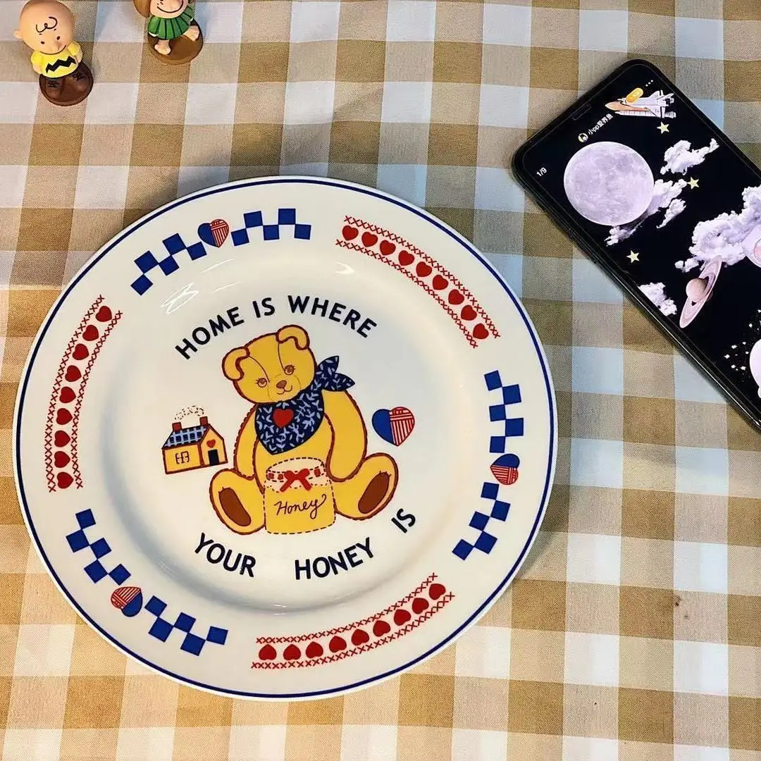 Original Retro Bear Plate,Sushi Bear Plates Korean Cute Girl Heart Ceramic Trays Unique Dessert Plate Serving Cartoon Dinnerware 3