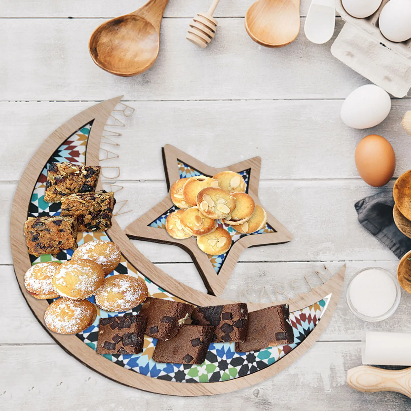 Ramadan Kareem Moon Star Shape Tray Wooden Craft Eid Mubarak Dessert Islam Muslim Serving Tableware Festival Party Wedding | Дом и сад