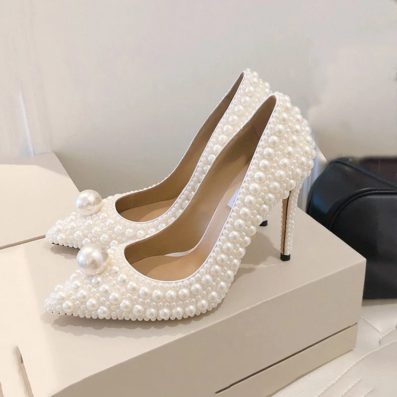 

White Pearl Pointed Toe Pumps For Women Luxury Designer Thin High Heel Shallow Handmade Slip-on Elegant Fashion Female Shoes