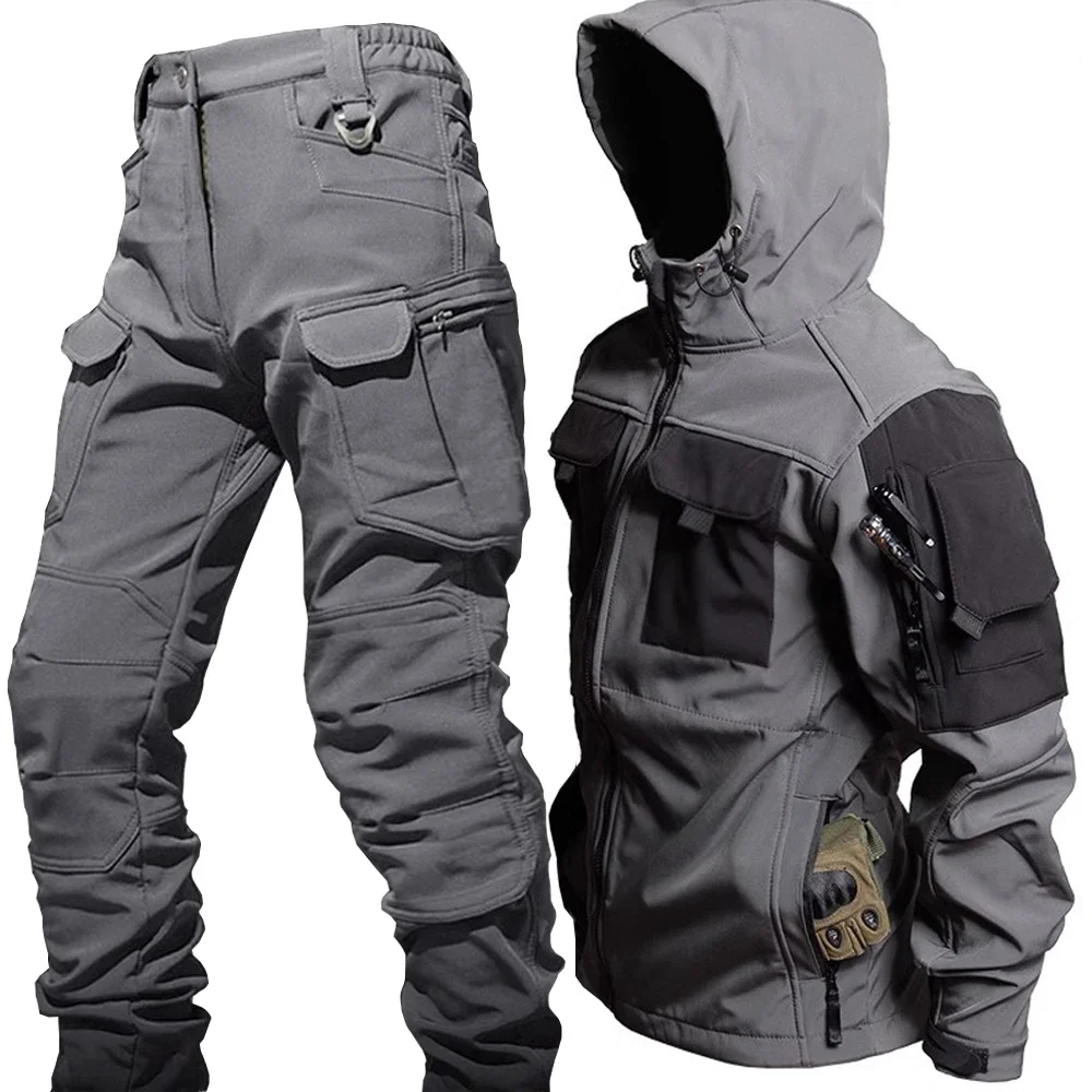 Winter Outdoor Waterproof Suits Men Tactical Windproof Hooded Jacket Fleece Warm Pants Multi-pocket  Thermal Sets Autumn 2