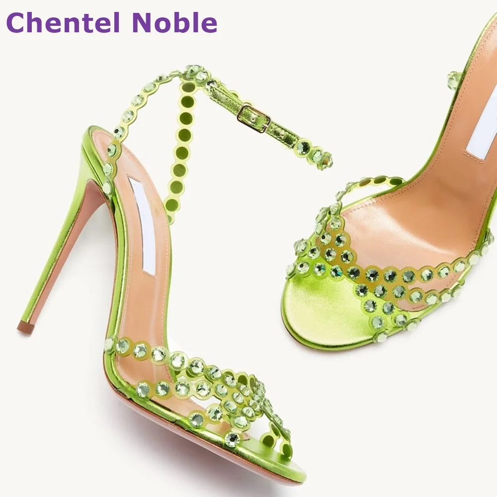 Red Rhinestone Luxury Sandals Round Toe Thin High Heels Open Toe Buckle Strap Sandals Hottest Fashion Sexy Summer Women Shoes