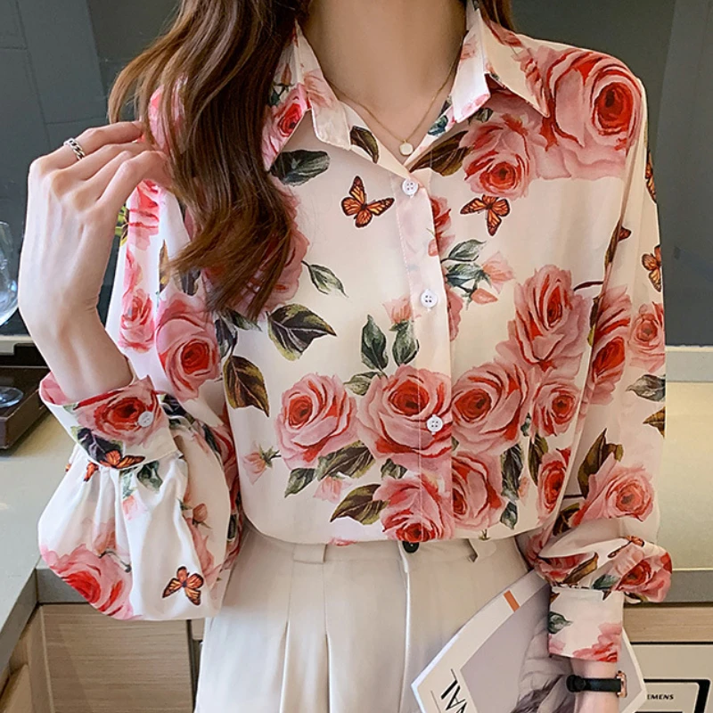 

Printed Blouses Women's Long Sleeves Spring Summer 2023 Fashion Elegant Draped Floral Chiffon Shirts Women Lantern Sleeve Shirt