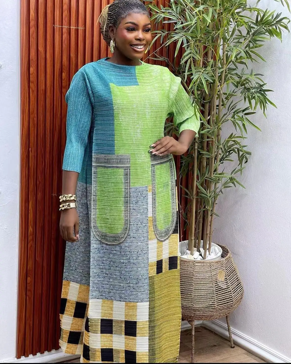 

Женское плиссированное платье миаке, летнее контрастное длинное платье с длинным рукавом, повседневное свободное платье, новинка 2024