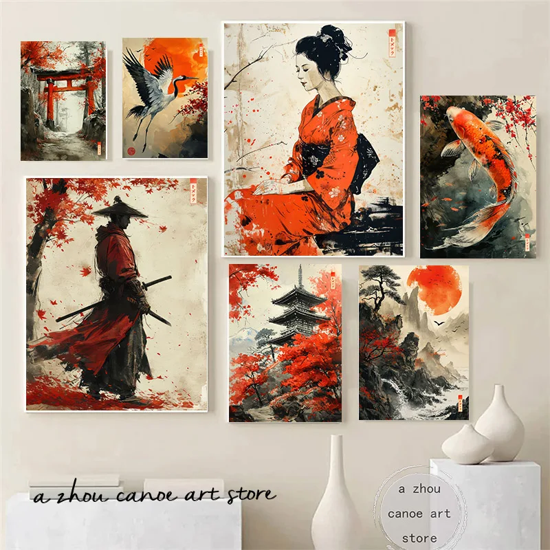 

Ретро Sumie японские чернила гейши самурайский журавль ландшафт искусственная живопись Настенная печать картина для гостиной домашний декор