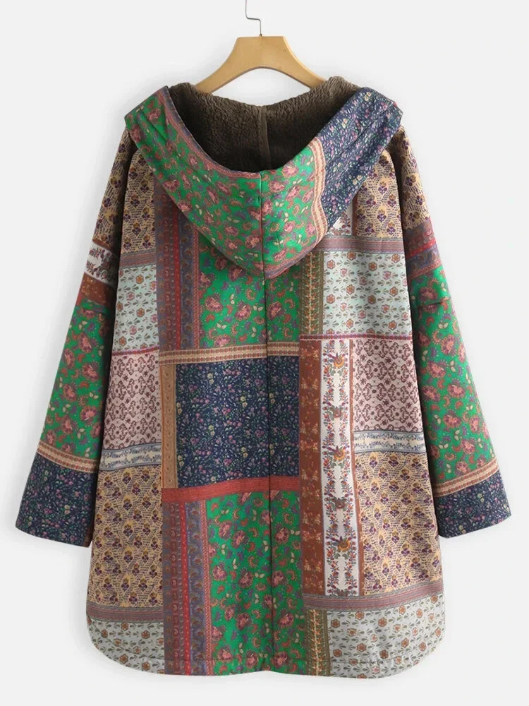 Casual Ethnic Print Fleece Hooded Retro Boho Cotton Jacket Parkas Warm Coat Women Outwear Loose Oversize M-5XL Winter Clothes