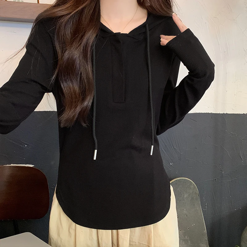Spring Autumn Long Sleeved Irregular Hooded T-shirt for Women Drawstring Hoodies Female Casual Tops and Tees Beige Black Purple