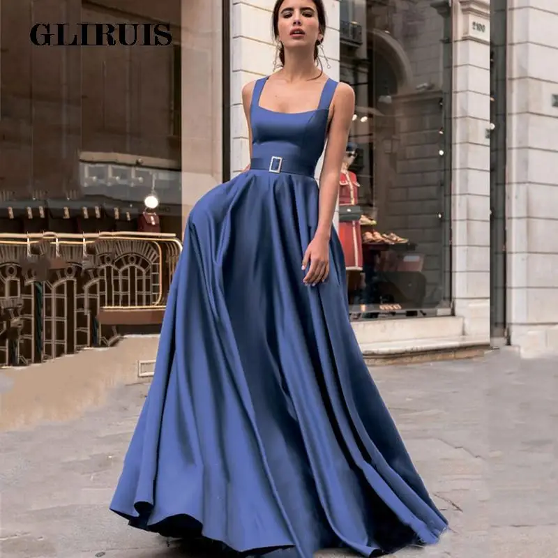 formal evening dresses Elegant Strapless Evening Dress  Sleeveless A-Line Blue Satin Criss-Cross Sashes 2022 Formal Prom Gown High Quality Floor-Length long sleeve formal dresses & gowns Evening Dresses