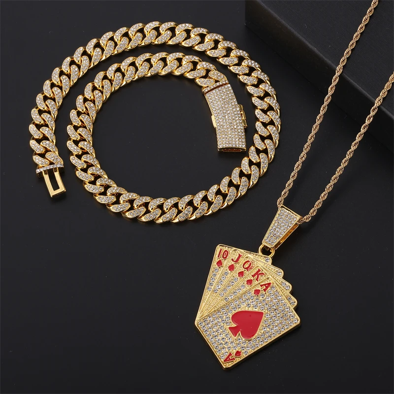 

D&Z Poker Card Pendant 3 pieces 13mm Rhinestones Miami Cuban Chain HipHop Iced Out Bling Necklaces Fashion Jewelry For Man