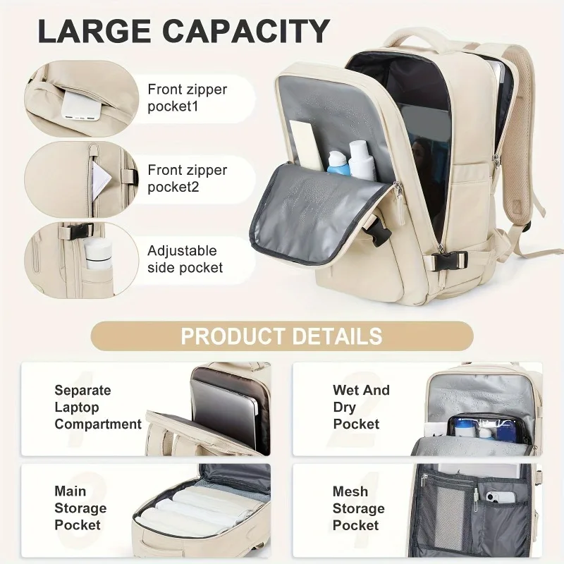 Multi-functional Travel Backpack Separate Shoe Cabin Oxford Cloth Notebook Storage Bag Casual Sports Style Beige Gray Backpack