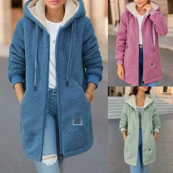 Nuova giacca con cerniera con lettera ricamata autunno e inverno con pile spesso, felpa con cappuccio in pile di agnello medio-lunga, abbigliamento da donna 1
