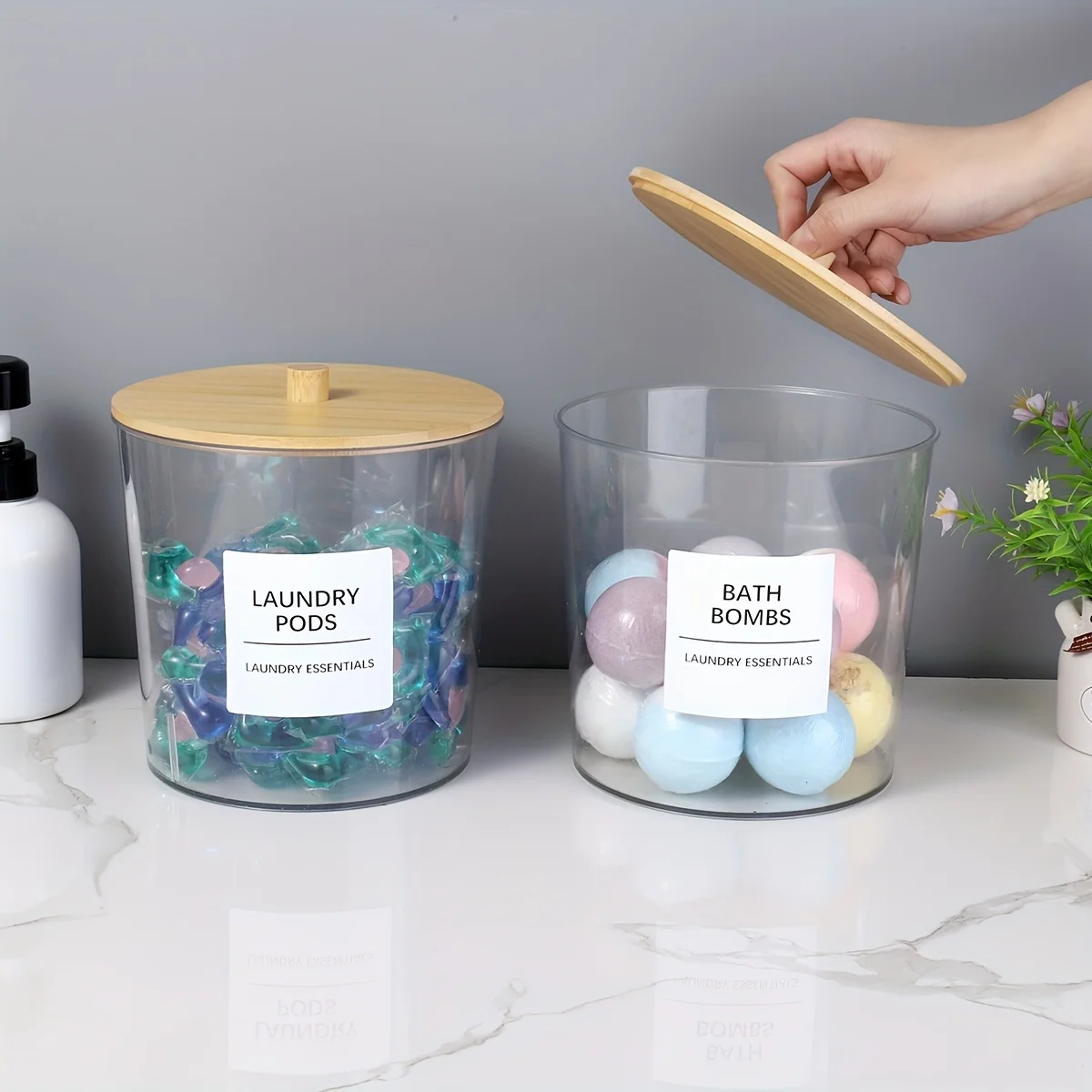 1pcs/2pcs Large Clear Laundry Container for Organizing, Plastic Laundry Dispenser Jars with 3 Bamboo Lids and 3 Labels 2