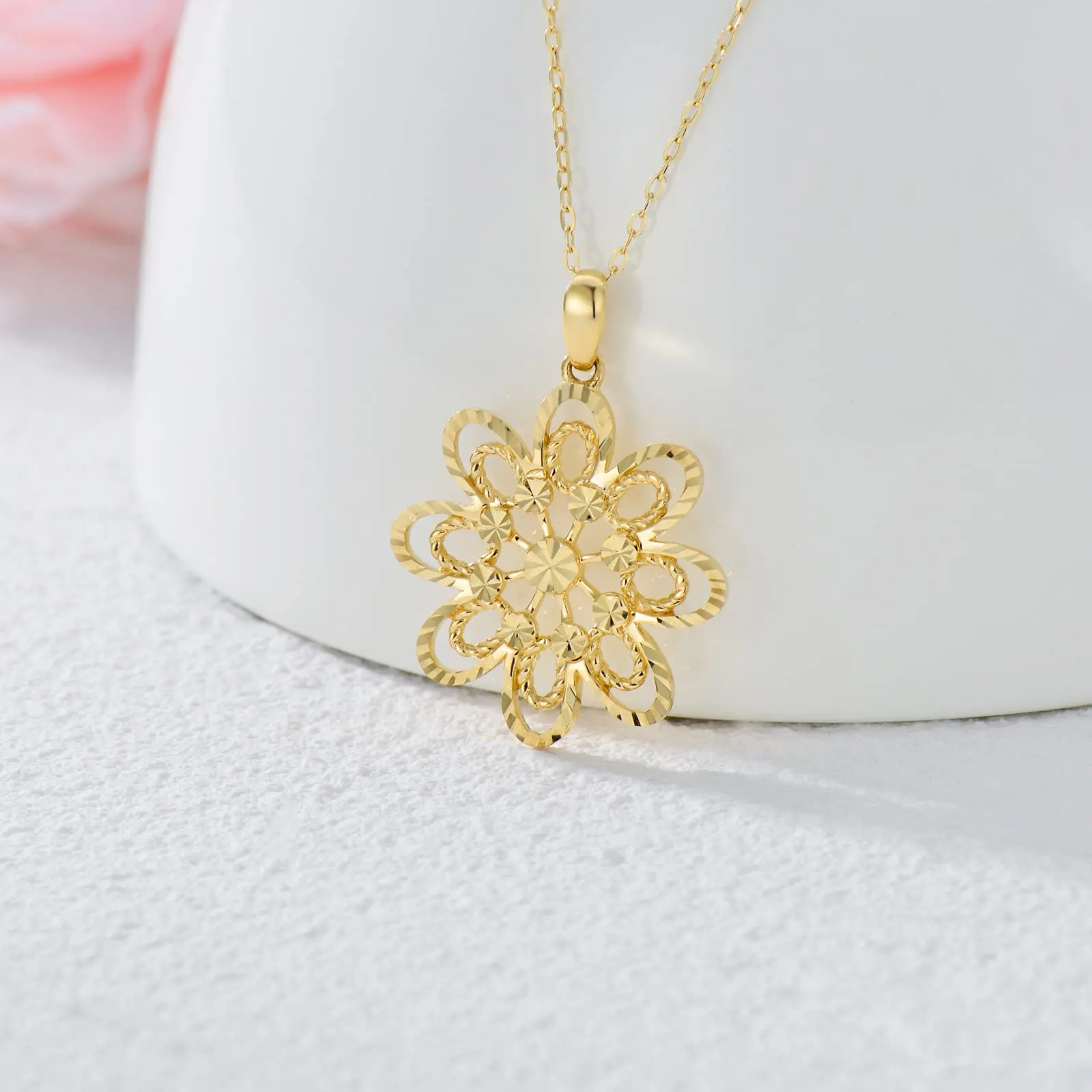 YFN 14K Real Gold Flower Pendant Necklace for Women Yellow Gold Diamond-Cut Necklace Anniversary Birthday Gifts