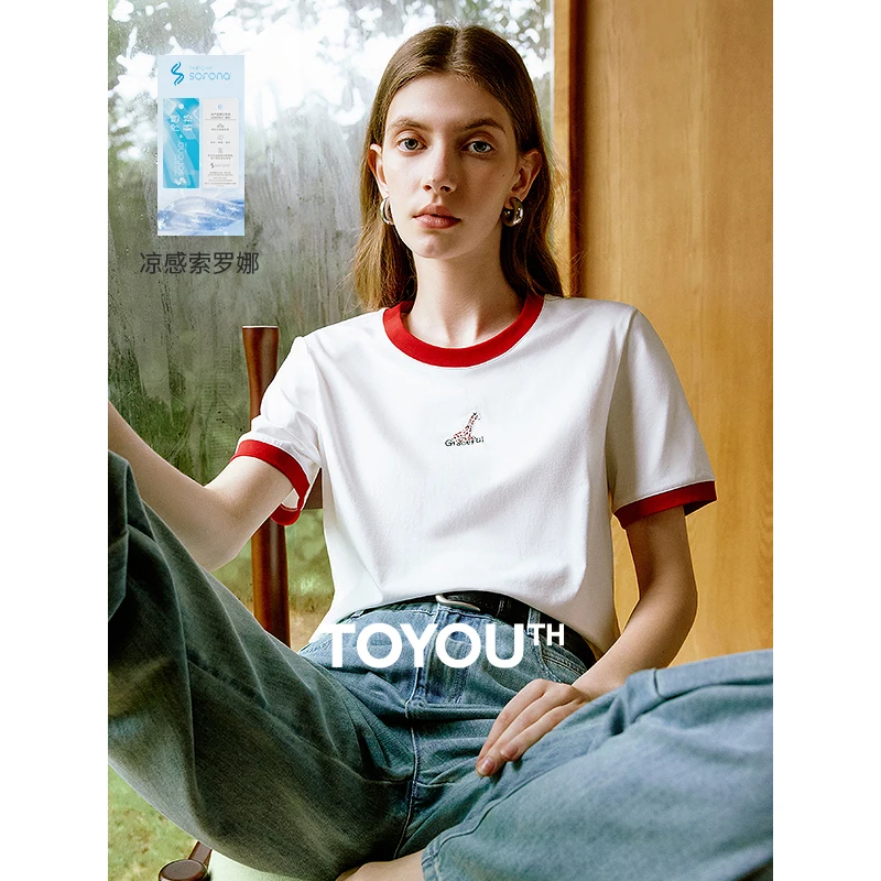 TOYOUTH Women T-shirt Summer Sorona Contrasting Edge O Neck Short Sleeve Animal Embroidery Casual T-shirt 3 Colors