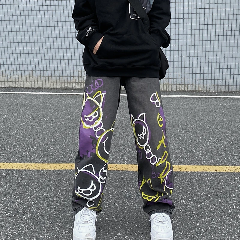 High Street Graffiti Printed Jeans Emo Dark Grunge E Girl Clothes Baggy Hippie Pants Women Hip Hop Loose Straight Wide Leg Pants new goth pants graffiti smiling face print baggy jeans women straight loose american couples street y2k high waist slouchy jeans