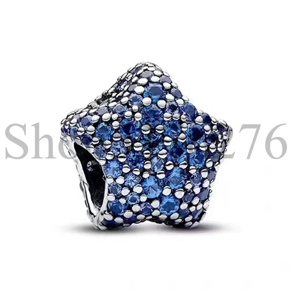 

2023 Winter Authentic 925 Sterling Silver Bead Sparkling Pavé Star Blue Charm Fit Pandora Women Bracelet Bangle Gift DIY Jewelry