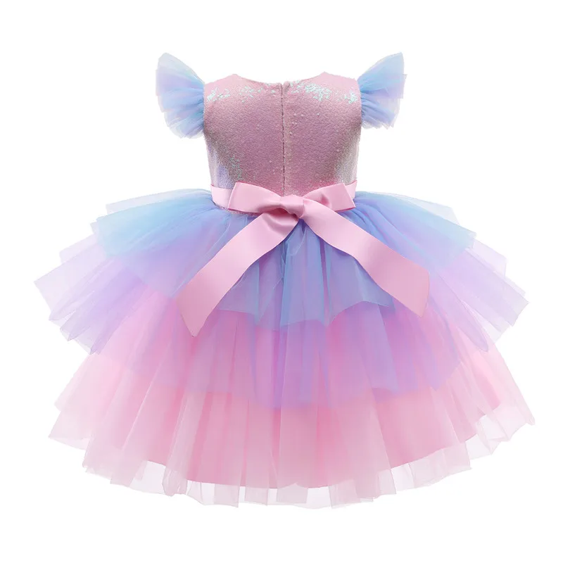 Girls Formal Princess Dress Kids Lace Tulle Rainbow Elegant Evening Party Cake Tutu Prom Gown Children Wedding Communion Costume
