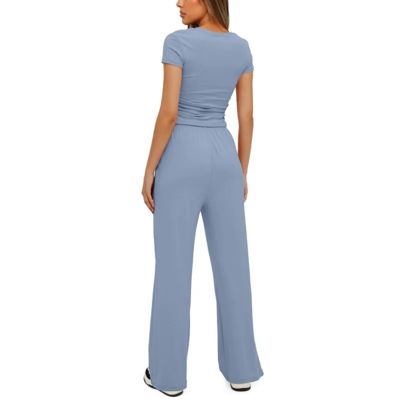 Summer Women Casual Tracksuit Short Sleeve Tops Long Pants Sets with Pockets Female Solid Sporty Workout Suit Fashion Streetwear