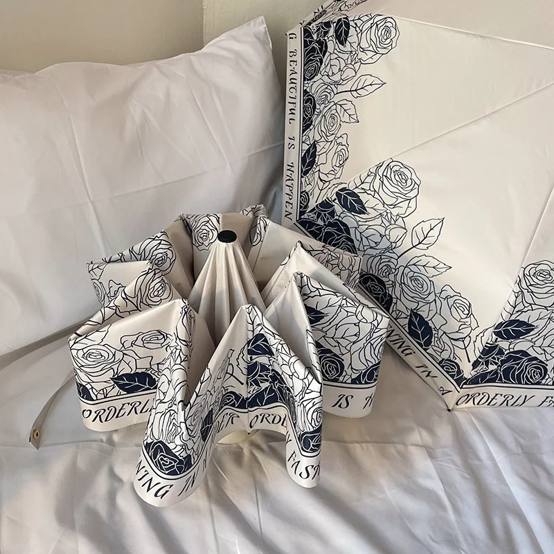 High Appearance Level Retro French Black and White with Girls' Sunshade UV Triple Fold Automatic Clear Umbrella