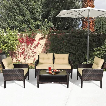 Patio Furniture Set 4-Piece Outdoor Rattan Wicker Sofa Set with Cushions & Coffee Table with Tempered Glass Table Top 2