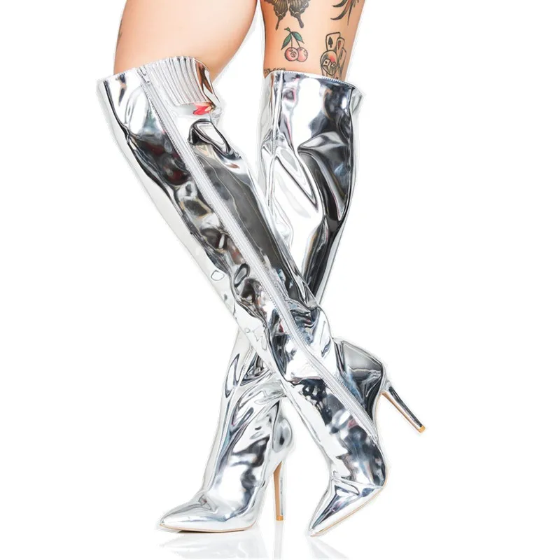 

Sexy Women Over The Knee Boots Silvery Paint Leather Pointed Toe Stiletto High Heels Shoes for Woman luxury Full Zipper Botas