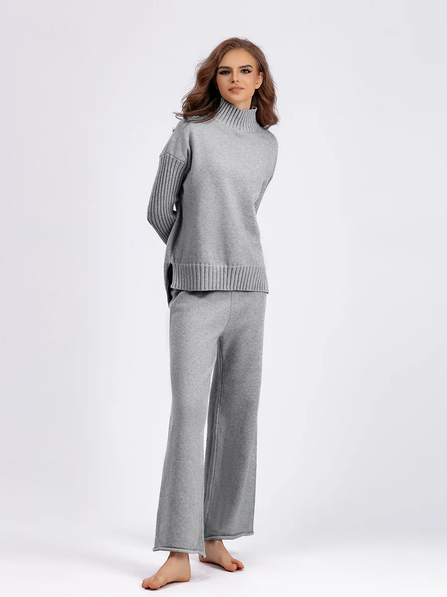 Korean cohesive design women's set turtleneck thick loose knit sweater tops high-waisted wide-leg pants outfit.