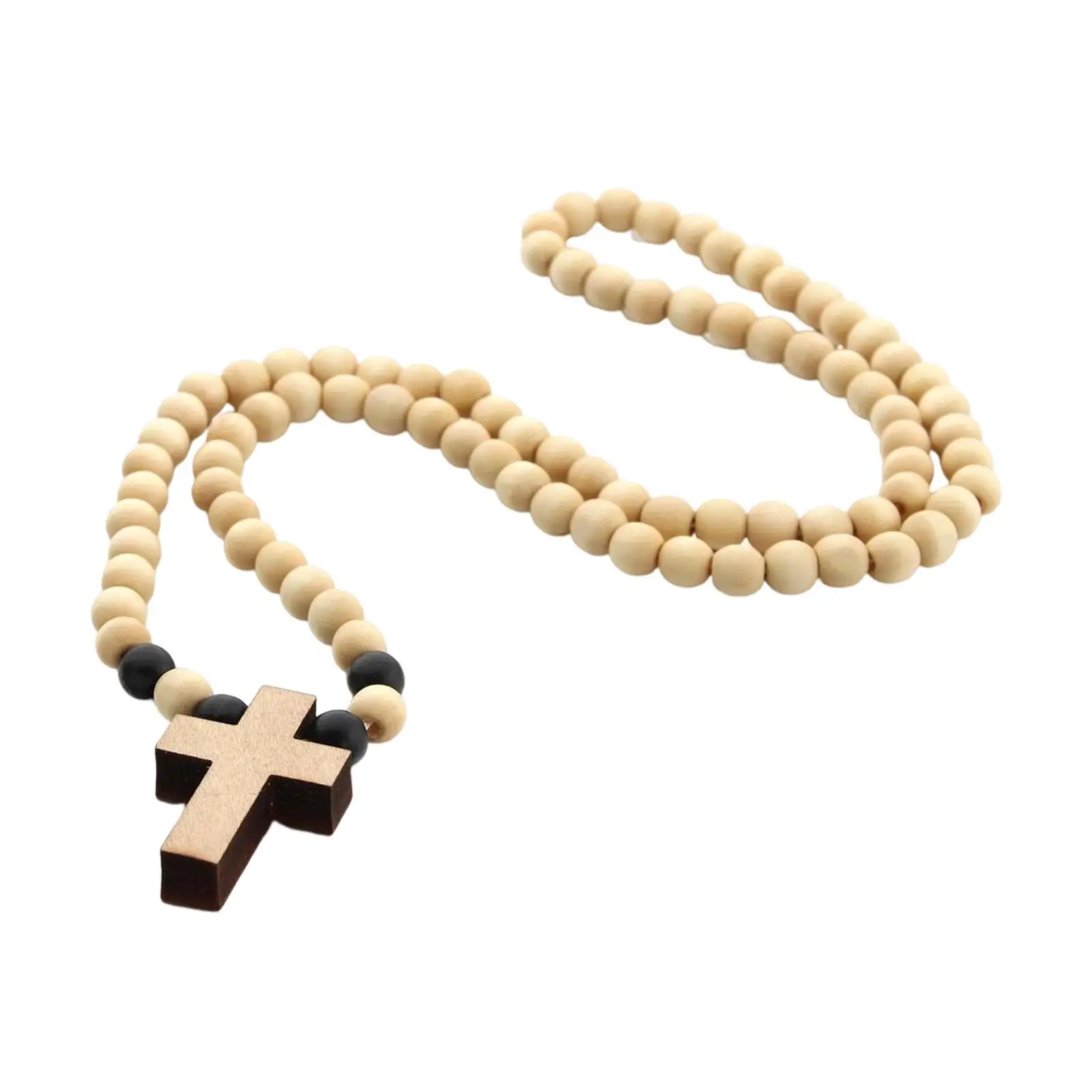 Wood Cross Pendant Necklace Chunky Beaded Chain Rosary Style Accessory for Men Women Church Events