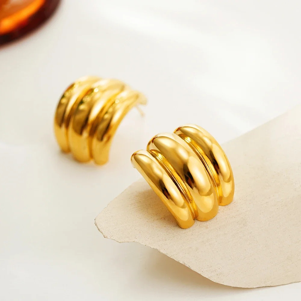 Stylish Polished Lightweight Geometric Big Studs 18K Gold Plated Waterproof Wave C Shape Stainless Steel Dangle Earrings Gifts