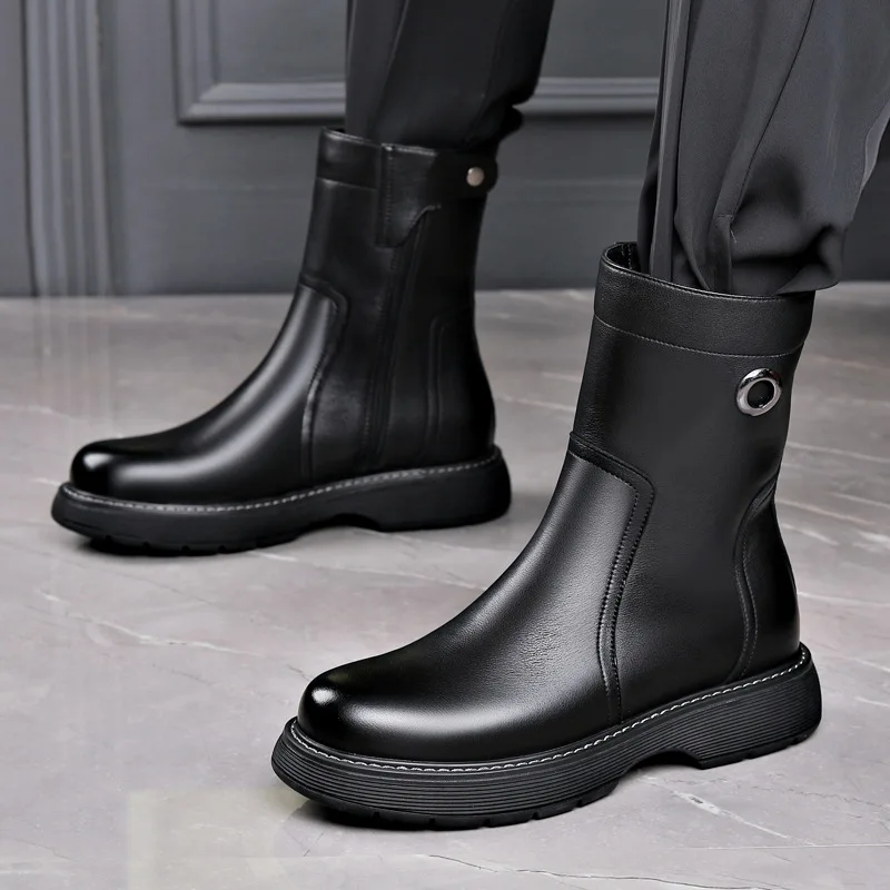 

men fashion high chimney boots brand designer shoes black stylish original leather chelsea boot handsome long platform botas man
