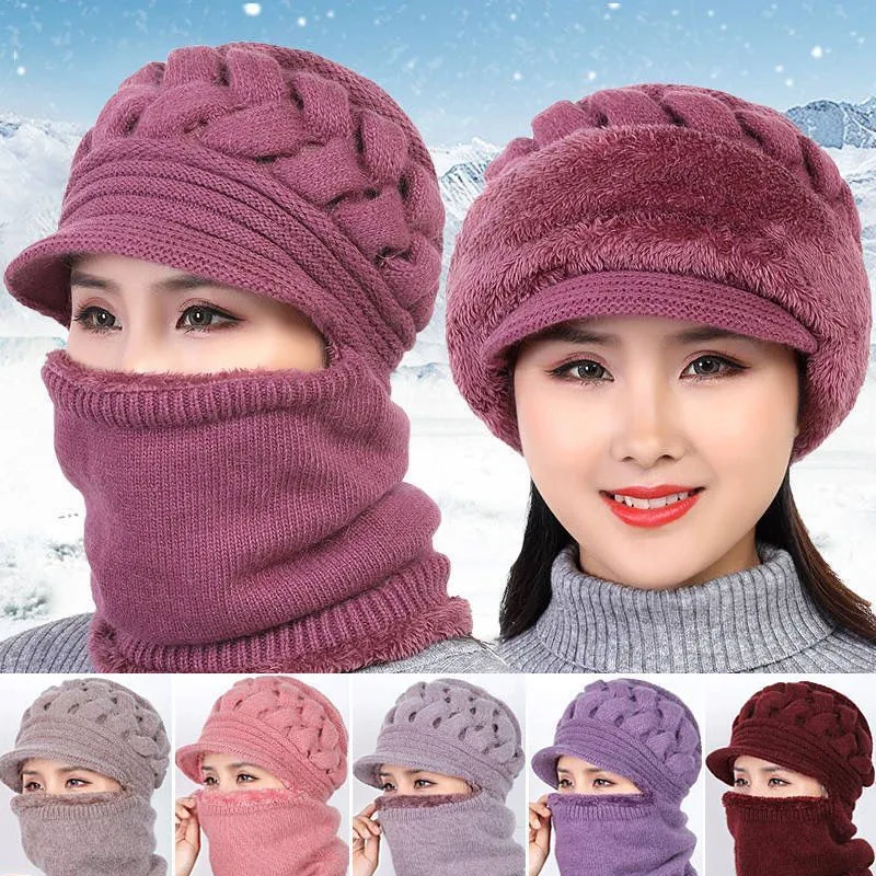 

Coral Fleece Winter Hat Beanies Women's Scarf Warm Breathable Wool Knitted For Women Double Layers Protection Caps