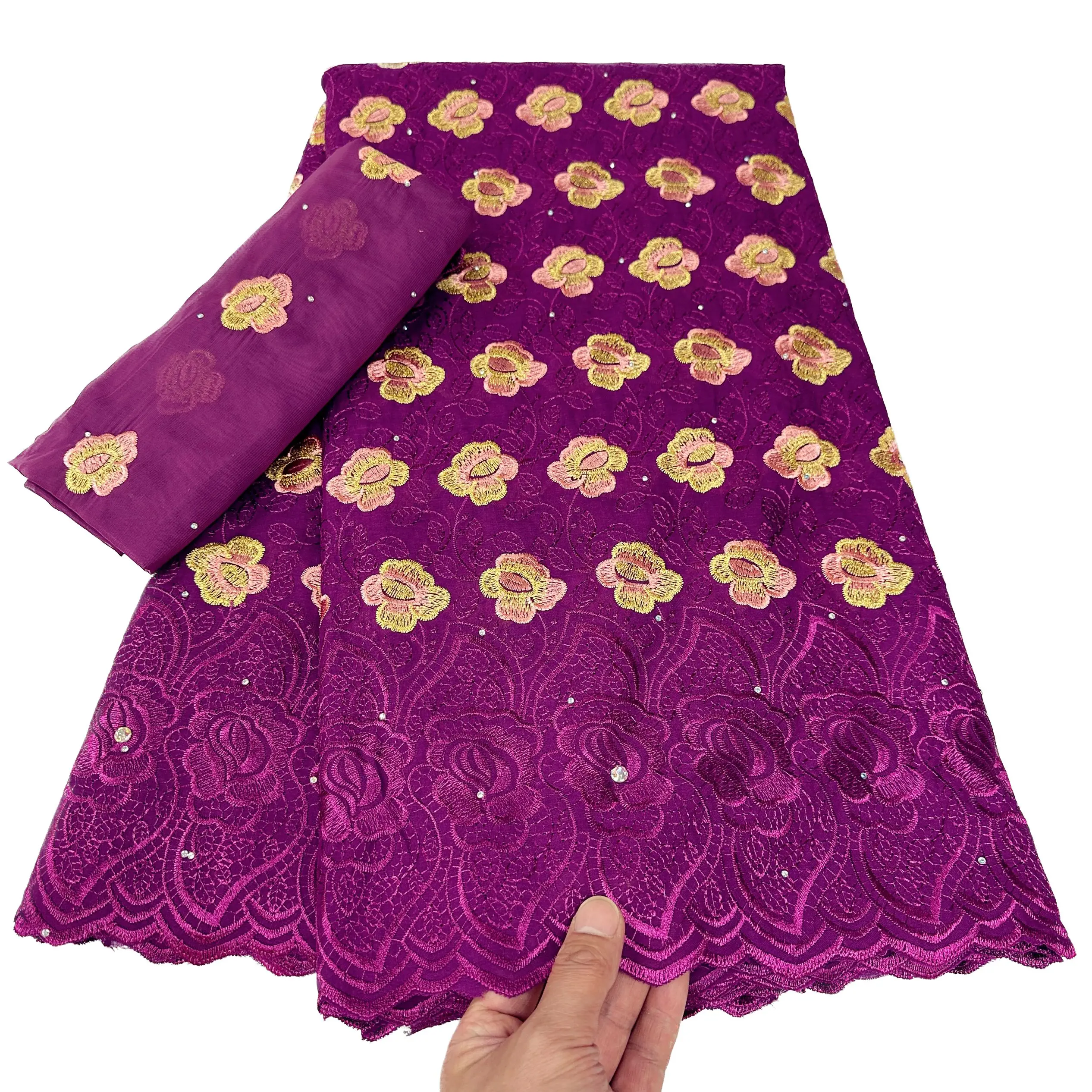 

YQOINFKS 2023 High Quality Dry Fabric Cotton Cloth Swiss Voile Lace With Rhinestones 5 Yards African Women Wedding Party KY-3245