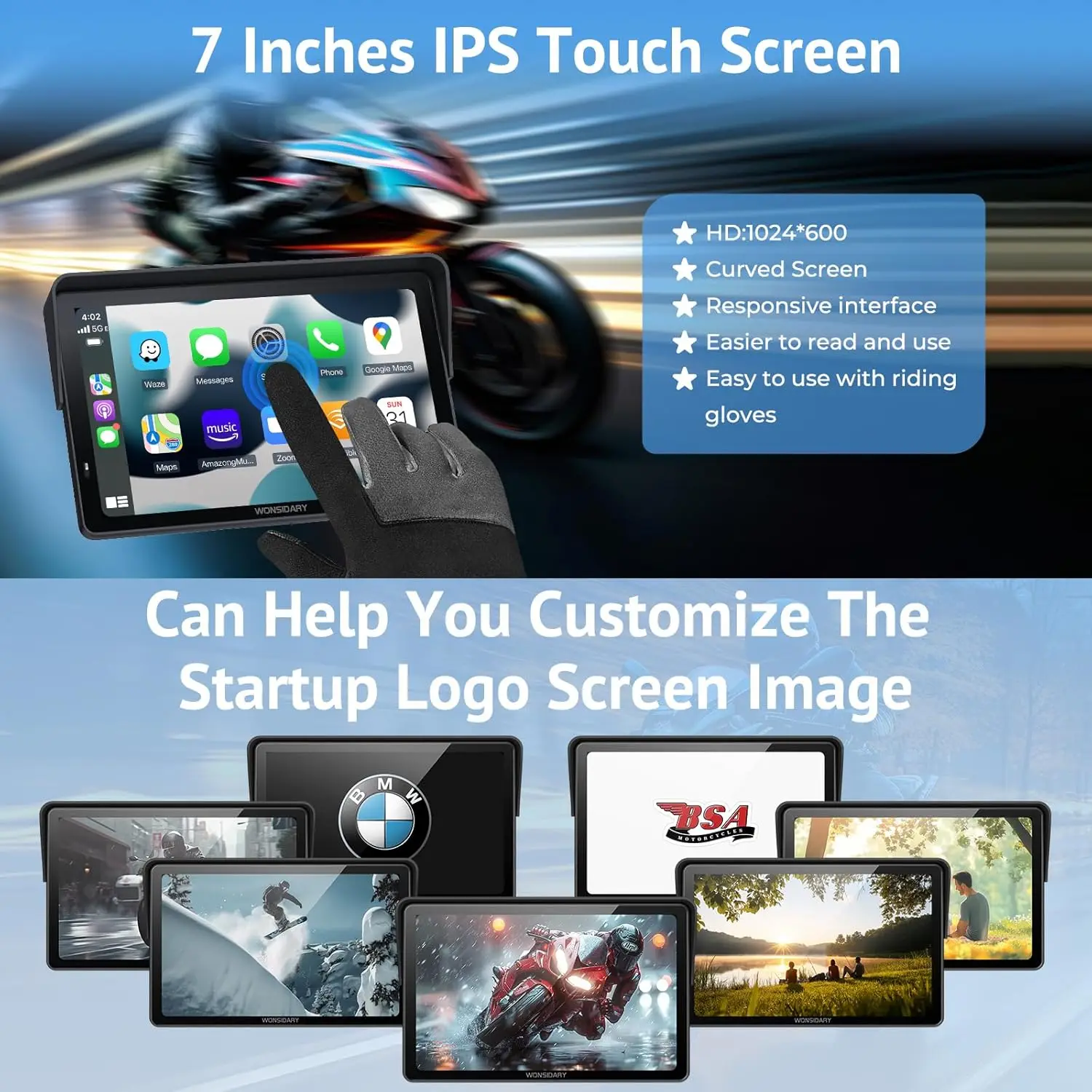 Universal 7 inch Motorcycle Navigation Wireless Android Auto CarPlay IPX7 Waterproof Screen Motorcycles GPS Motor Accessories