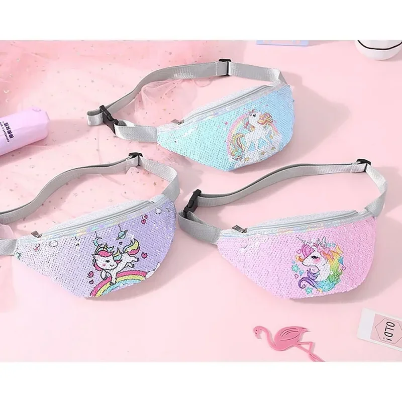 Women Girl Cartoon Unicorn Waist Bag Sequins Print Fashion Fanny Pack Children'S Shoulder Belt Bags Glitter Kids Phone Pouch