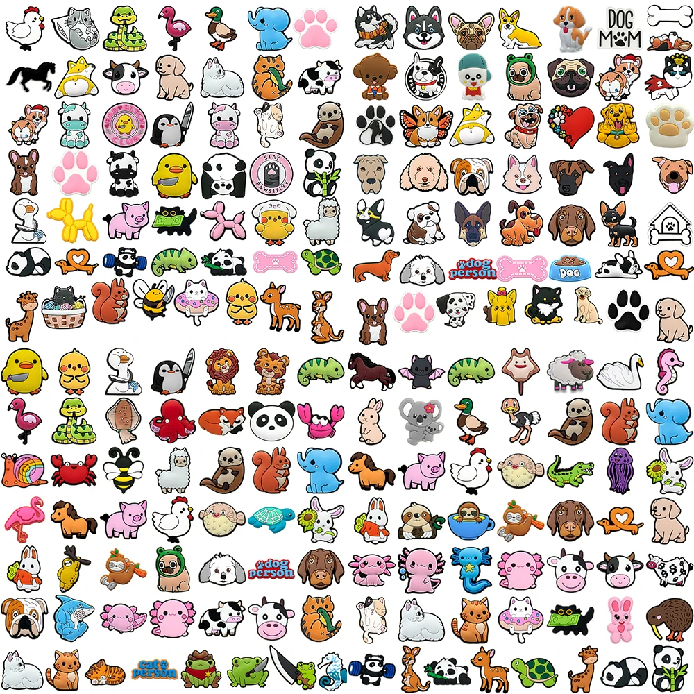 50pcs animal shoe charms featuring cats, dogs, ducks, cows, birds, turtles, and other cute creatures for Crocs and clogs