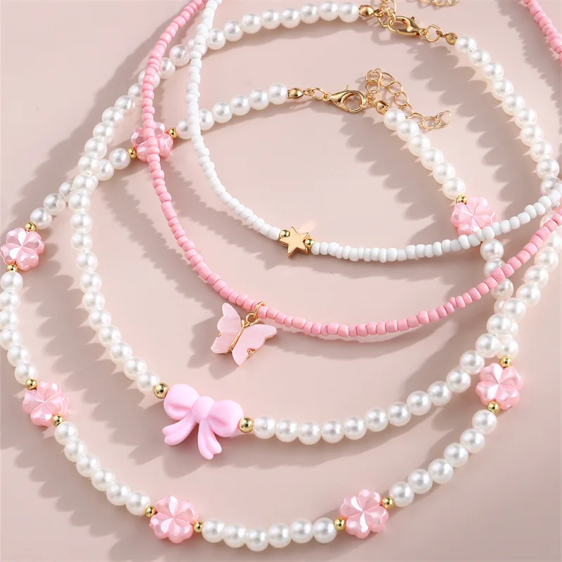 Jewelry Set Pink Love Butterfly Pendant Imitation Pearl Rice Beads Handmade Beaded Children Chain Necklace Good Friend Gift