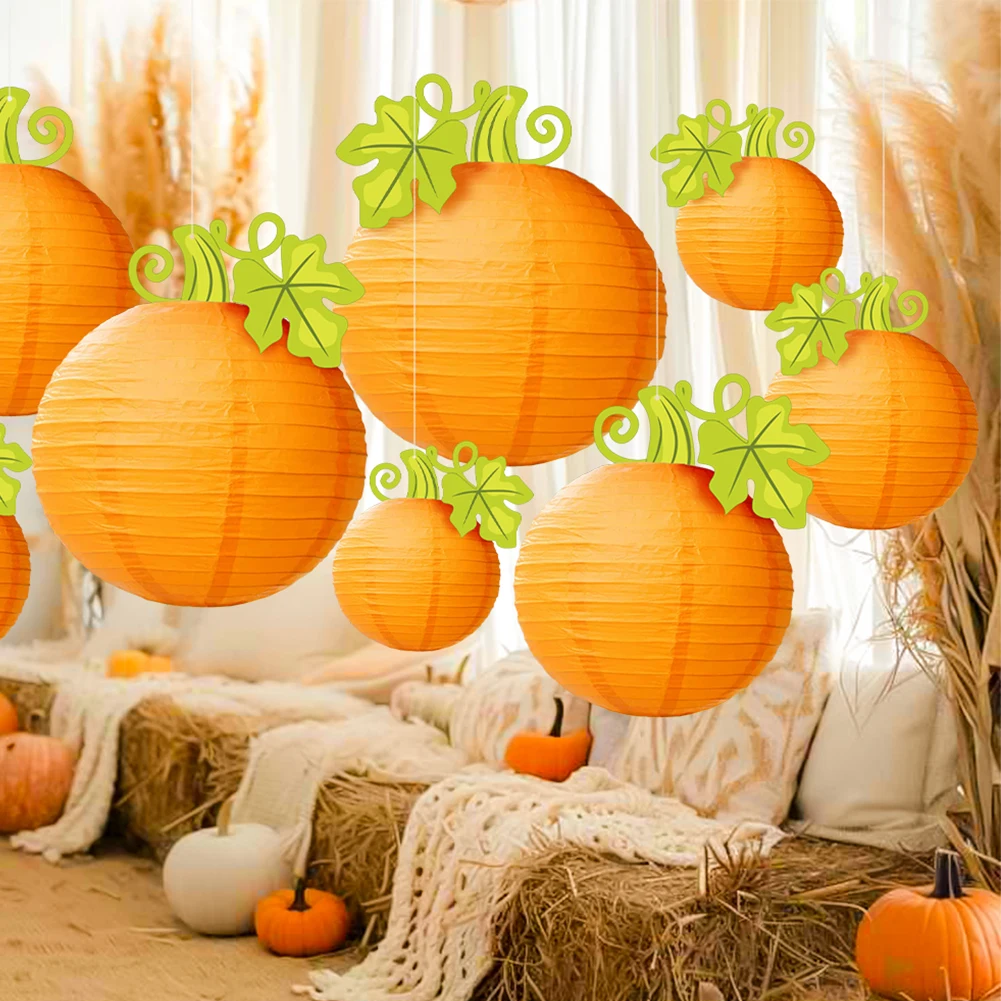 1Pc Halloween Pumpkin Lantern Hanging Orange Pumpkin Paper Round Lantern for Harvest Fall Halloween Indoor Outdoor Decor