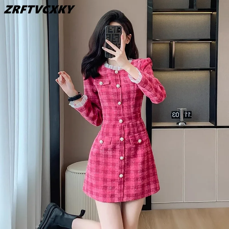 

High Quality Women Tweed Mini Dresses Autumn Long Sleeve patchwork Ruffled Trim Slim Ladies Sweet Plaid Woolen Short Dress