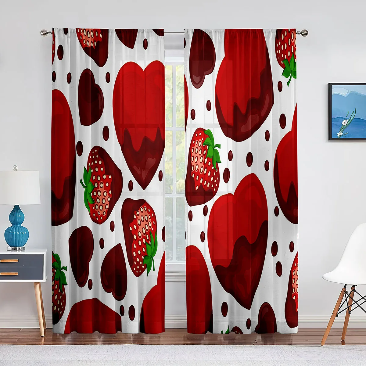

Strawberry and Hearts Fruit Sheer Voile Curtains for Living Room Modern Fashion Valance Curtains Kitchen Chiffon Tulle Curtain
