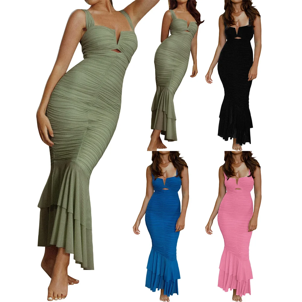 

Women Widen Strap Square Neck Zip Up Slim Fit Fishtail Hem Dress Ruched Bodycon Dress Sleeveless Party Dress for Cocktail