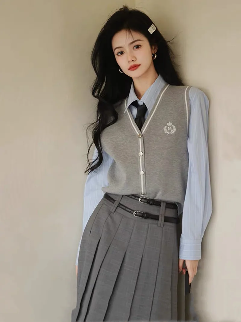 여성용 니트 스웨터 가디건, 짧은 루즈 빈티지 스웨터, 민소매 소녀 V넥 풀오버, 용수철 가을, 2024
