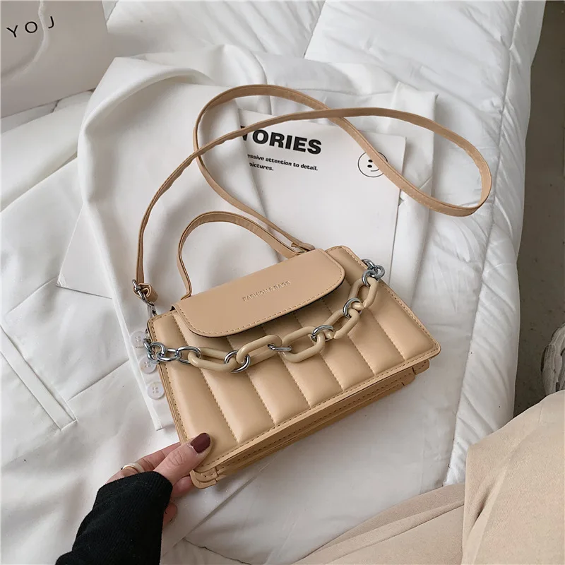 Luxury Branded Square PU Leather Crossbody Bag For Women 2021 Plaid Large Capacity Tote Bag Female Acrylic Thick Chain Hand Bag 