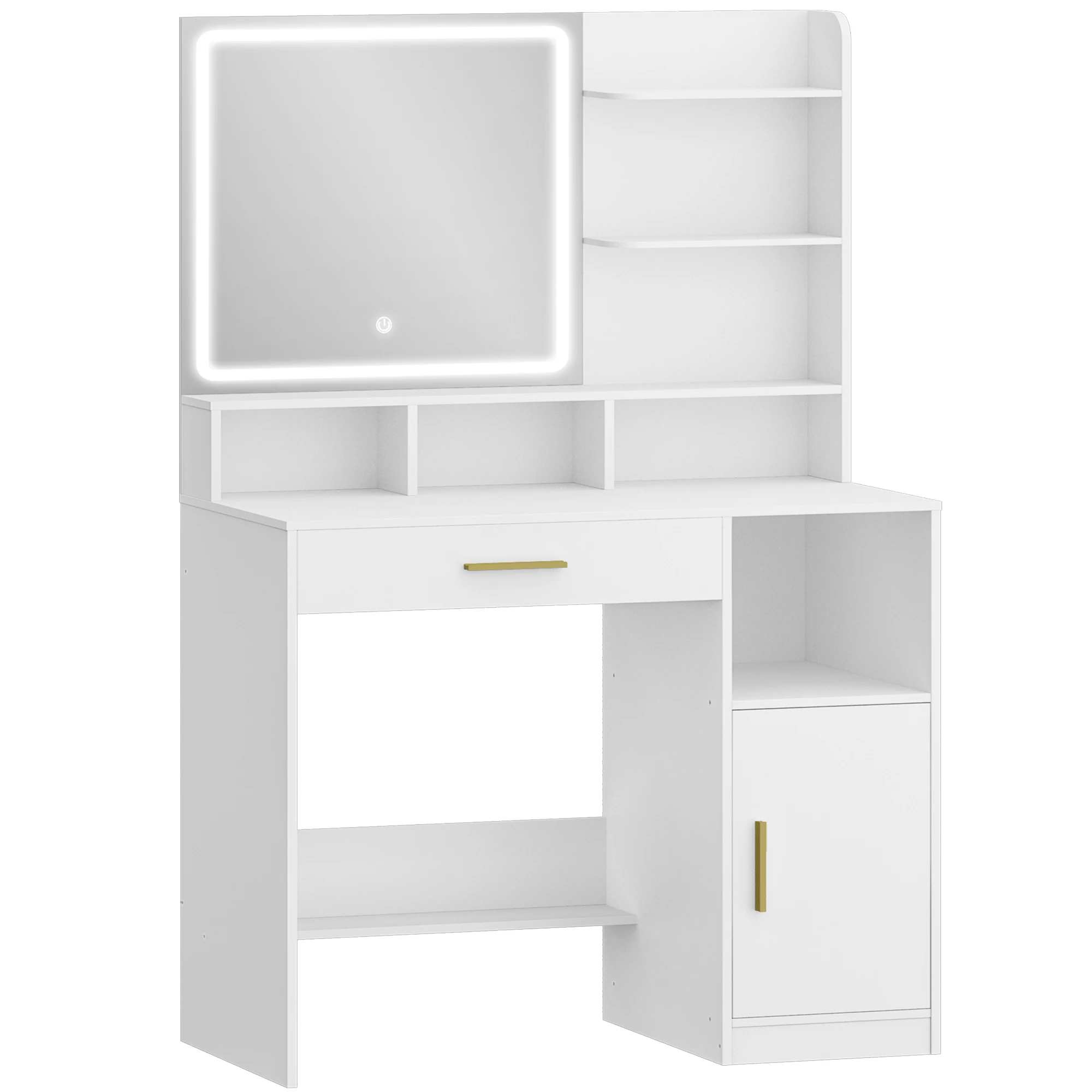 Dressing Table with Mirror and LED Light, with 3 Shelves and 4 Open Compartments, with Drawers and Cupboards