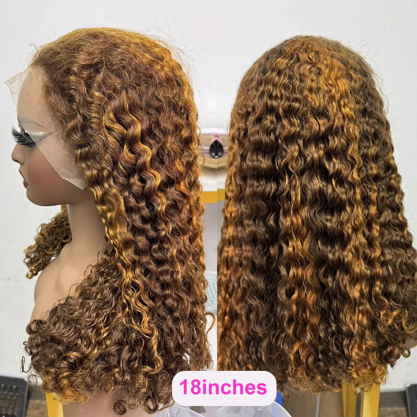 Peluca de cabello humano ondulado rizado con encaje Frontal para mujer, pelo rubio miel con reflejos, Color Piano, 13x4, 250 de densidad, 12-20 pulgadas