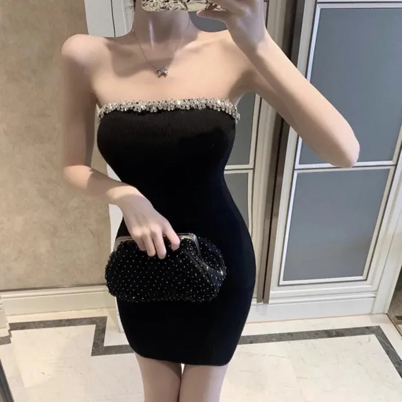 

European American Sexy Temperament Ladies Show Body Flash Drill Tube Top Dresses Womens Splicing Waist Bag Hip Short Skirts