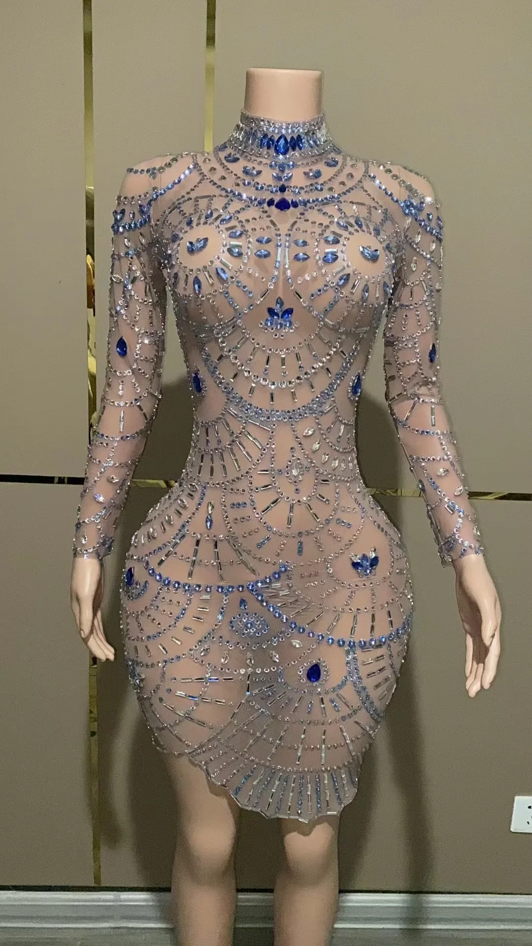 

Sparkly Blue Silver Crystals Transparent Dress Birthday Celebrate See Through Costume Evening Dance Performance Dress