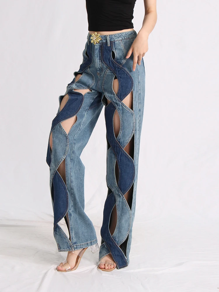 TWOTWINSTYLE-pantalones vaqueros informales para mujer, Vaqueros acampanados de cintura alta, ahuecados, con retales florales, Sexy, ropa de moda femenina, 2023