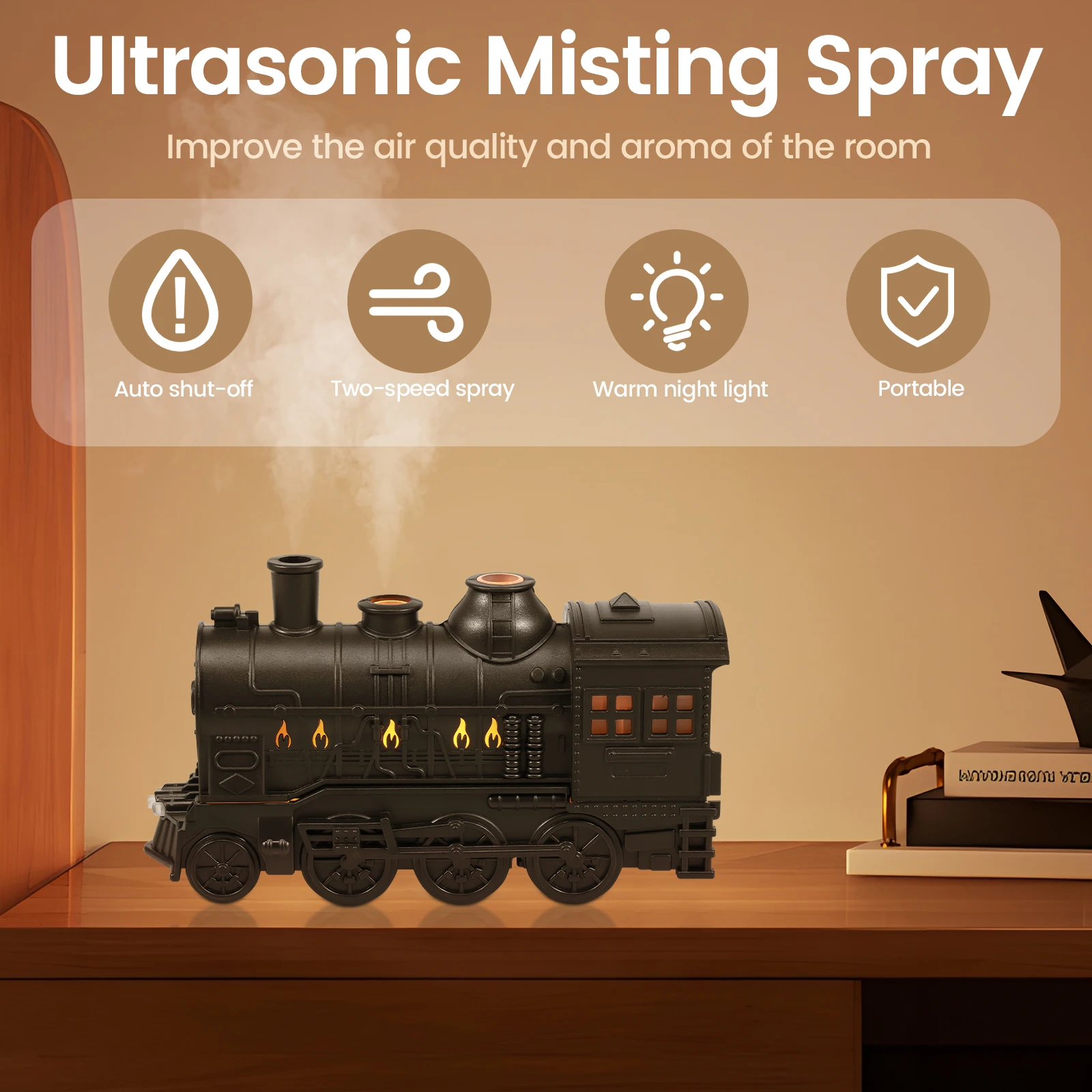 Mini Humidifier 2 Spray/Light Modes Essential Oil Diffuser 300ml Quiet Retro Train Shape Humidifier with Auto Shut Off Function